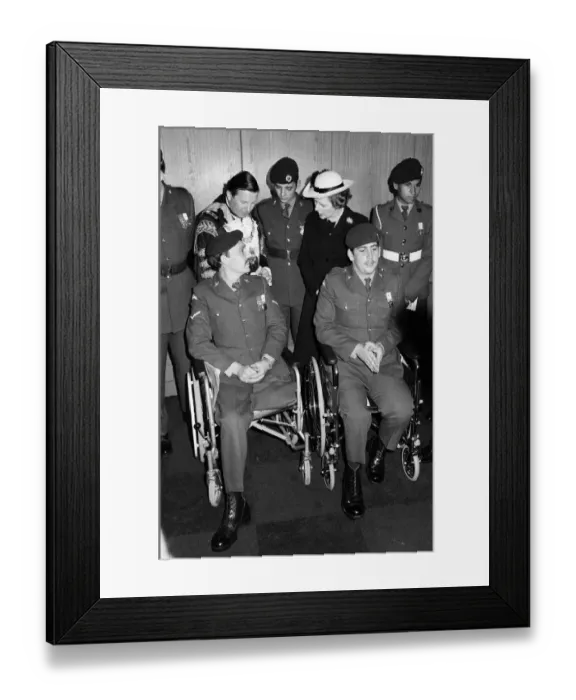 Framed Print : British Prime Minister Margaret Thatcher meets disabled veterans at the Falklands Victory