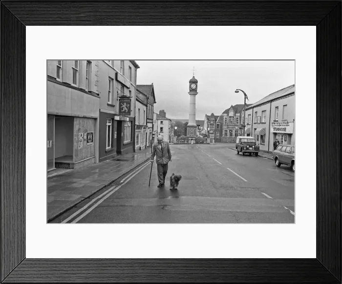 Framed Print : Labour Party Leader Michael Foot walks his dog Dizzie in Tredegar, Gwent