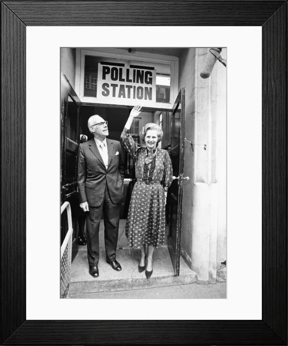Framed Print : Prime Minister Margaret Thatcher and husband Dennis seen here leaving the polling station Framed Print : Prime Minister Margaret Thatcher and husband Dennis seen here leaving the polling station