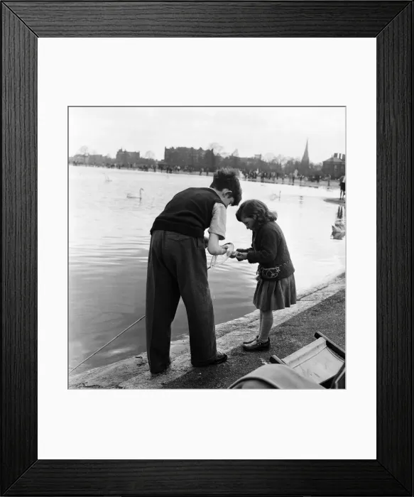 Framed Print : Children fishing in Kensington Gardens pond, London. 25th April 1955