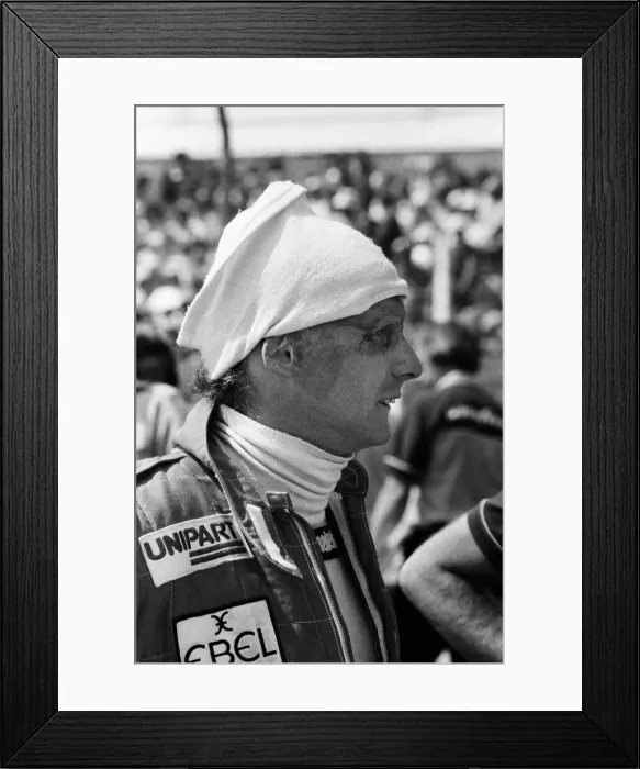 Framed Print : Niki Lauda, driving a Marlboro-McLaren, wins the British Grand Prix at Brands Hatch
