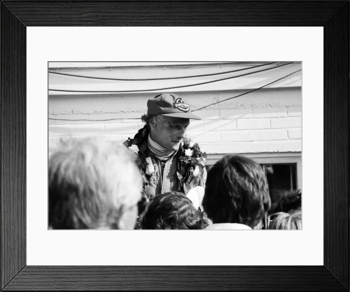 Framed Print : Niki Lauda, driving a Marlboro-McLaren, wins the British Grand Prix at Brands Hatch