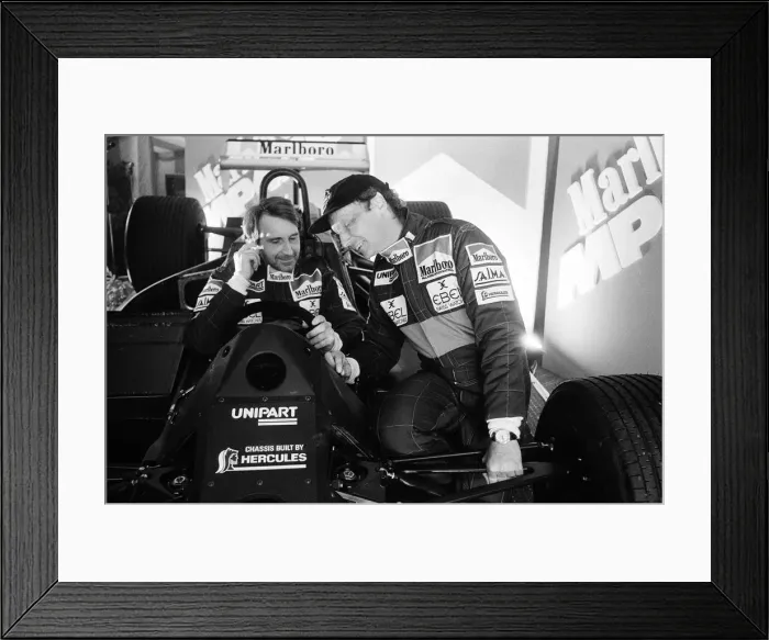 Framed Print : Niki Lauda and John Watson with the new MP4  /  1C Marlboro McLaren car, Woking, Surrey