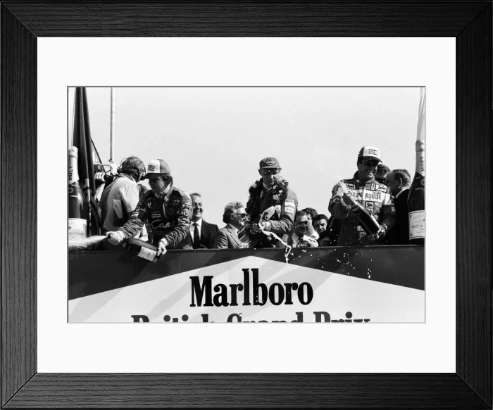 Framed Print : Niki Lauda, driving a Marlboro-McLaren, wins the British Grand Prix at Brands Hatch
