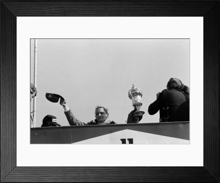Framed Print : Niki Lauda, driving a Marlboro-McLaren, wins the British Grand Prix at Brands Hatch