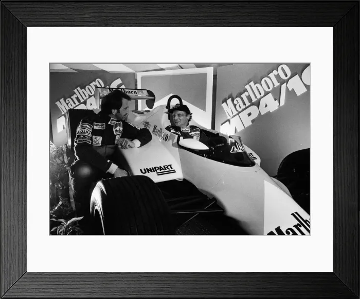 Framed Print : Niki Lauda and John Watson with the new MP4 / 1C Marlboro McLaren car, Woking, Surrey Framed Print : Niki Lauda and John Watson with the new MP4 / 1C Marlboro McLaren car, Woking, Surrey