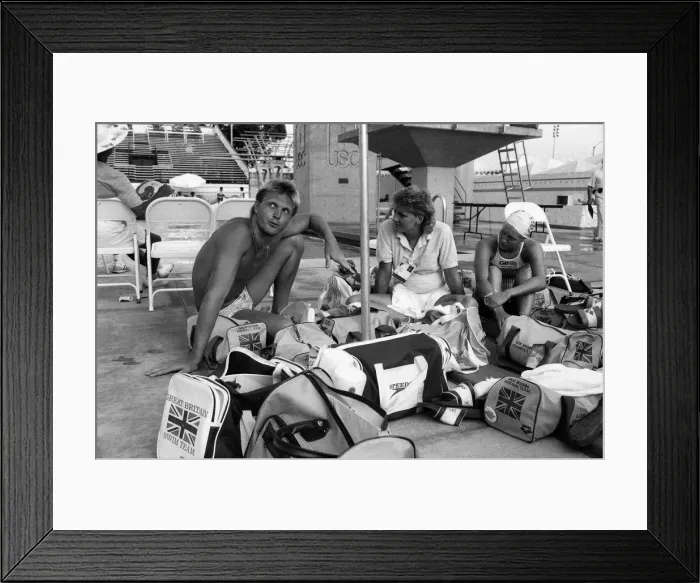 Framed Print : The 1984 Summer Olympics in Los Angeles, California. Australian Swimmer Neil Brooks chats Framed Print : The 1984 Summer Olympics in Los Angeles, California. Australian Swimmer Neil Brooks chats