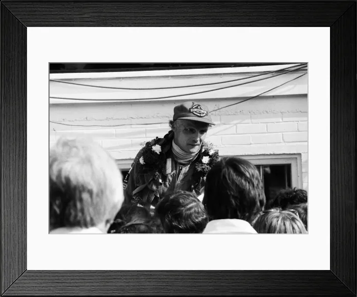 Framed Print : Niki Lauda, driving a Marlboro-McLaren, wins the British Grand Prix at Brands Hatch