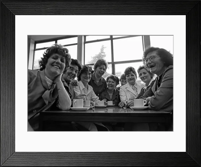 Framed Print : Nine women at Berkey Technical Limited, Thetford, celebrate the news that they will be Framed Print : Nine women at Berkey Technical Limited, Thetford, celebrate the news that they will be