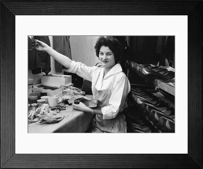 Framed Print : Shoes being finished and trimmed at the H Solomons shoe factory in Tottenham Framed Print : Shoes being finished and trimmed at the H Solomons shoe factory in Tottenham