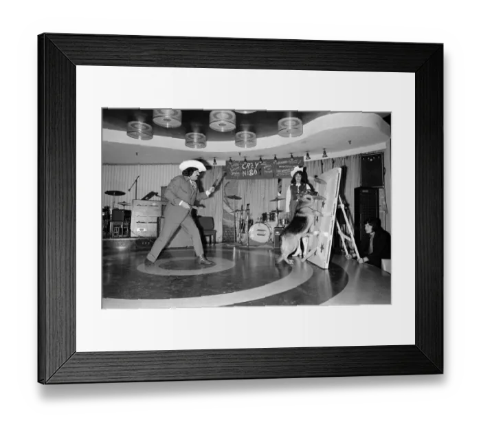 Framed Print : A knife throwing act which uses a dog as part of its show. 1972 Framed Print : A knife throwing act which uses a dog as part of its show. 1972