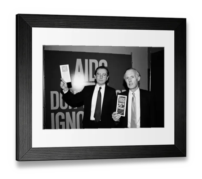 Framed Print : Secretary of State Norman Fowler and Minster for Health Tony Newton at the AIDS press Framed Print : Secretary of State Norman Fowler and Minster for Health Tony Newton at the AIDS press