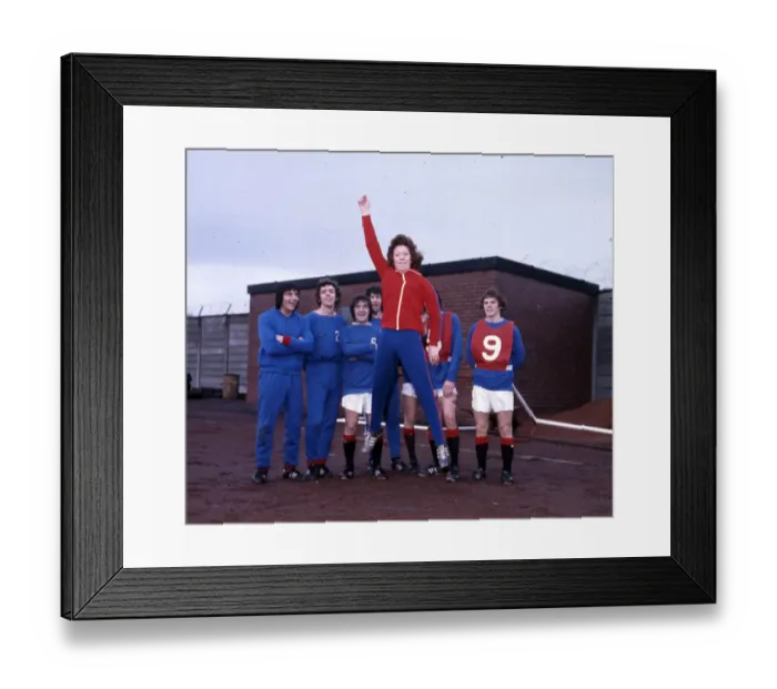Framed Print : Edna Neillis sport football women 1975 jumping with Rangers players in Framed Print : Edna Neillis sport football women 1975 jumping with Rangers players in