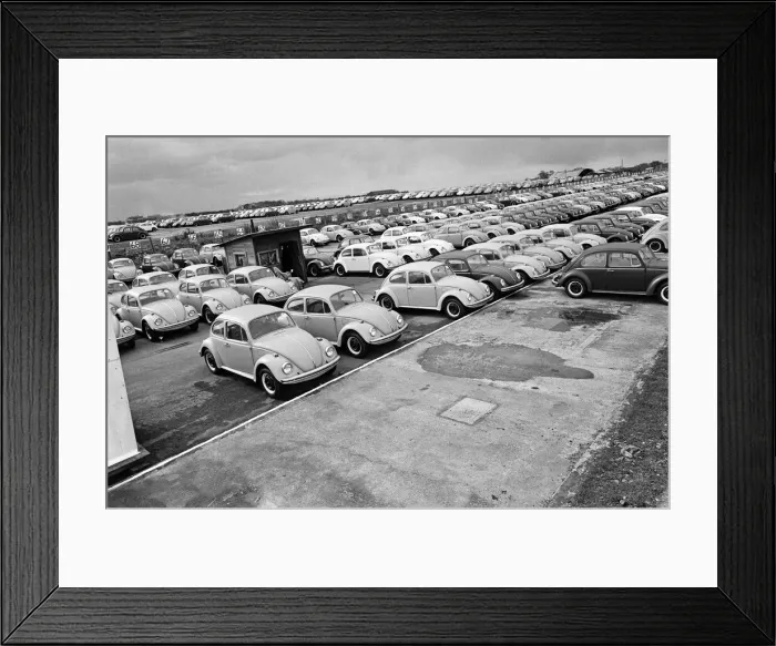 Framed Print : Imported Volkswagen cars at Manston Airport, Kent. 17th March 1968 Framed Print : Imported Volkswagen cars at Manston Airport, Kent. 17th March 1968