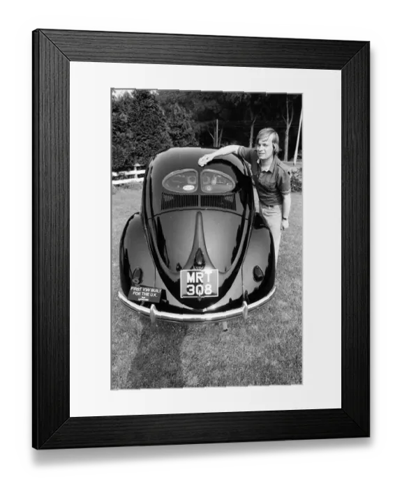 Framed Print : A man poses with a Volkswagen Beetle. 2nd June 1982 Framed Print : A man poses with a Volkswagen Beetle. 2nd June 1982