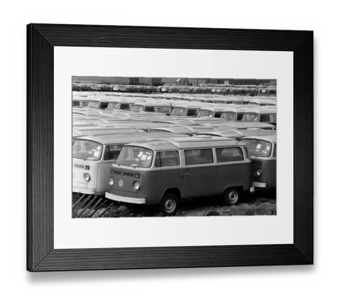 Framed Print : Volkswagen vans and cars at Manston, Kent, awaiting distribution to dealers in Britain Framed Print : Volkswagen vans and cars at Manston, Kent, awaiting distribution to dealers in Britain