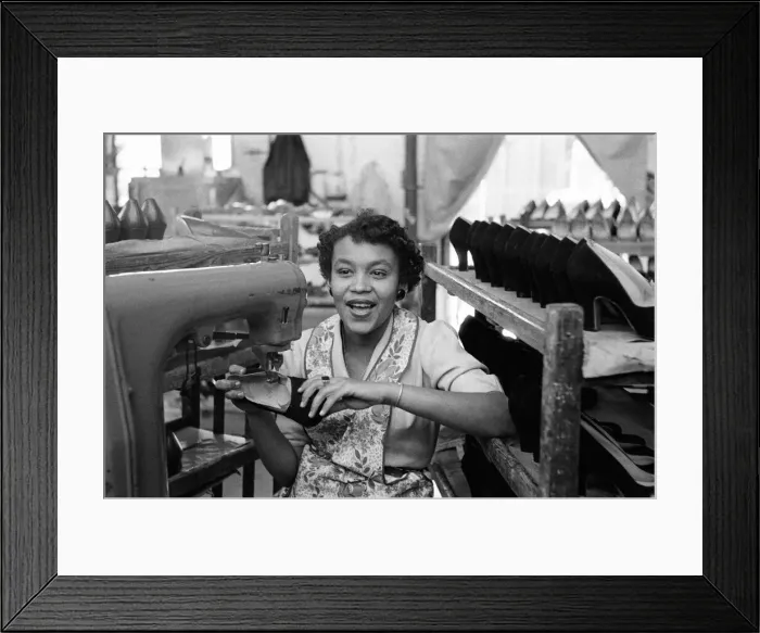 Framed Print : Stitching a upper of a shoe at the H Solomons shoe factory in Tottenham. 30th July 1956