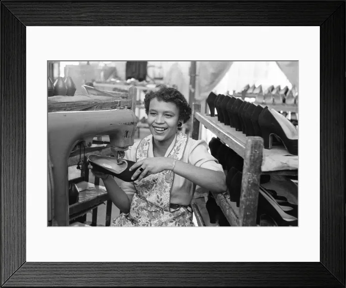 Framed Print : Stitching a upper of a shoe at the H Solomons shoe factory in Tottenham. 30th July 1956 Framed Print : Stitching a upper of a shoe at the H Solomons shoe factory in Tottenham. 30th July 1956