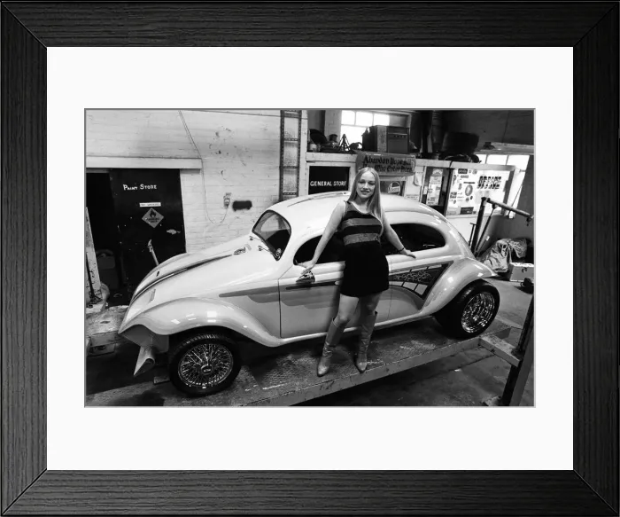 Framed Print : Helen Szabo with a customised Volkswagen Beetle Supercar Framed Print : Helen Szabo with a customised Volkswagen Beetle Supercar