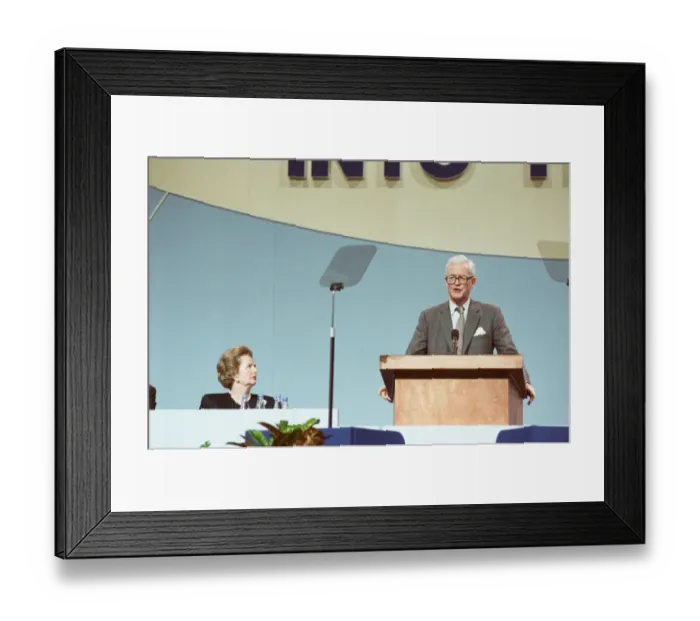 Framed Print : Prime Minister Margaret Thatcher listens to Douglas Hurd at the Conservative Party Framed Print : Prime Minister Margaret Thatcher listens to Douglas Hurd at the Conservative Party