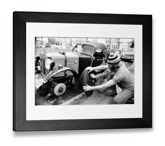 Framed Print : Brothers Brian and Derek Maidment, from Coventry, pictured with the 46-year-old MG car Framed Print : Brothers Brian and Derek Maidment, from Coventry, pictured with the 46-year-old MG car