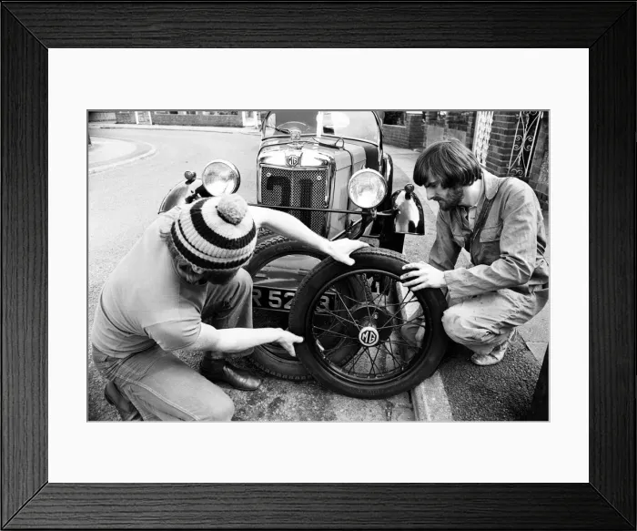 Framed Print : Brothers Brian and Derek Maidment, from Coventry, pictured with the 46-year-old MG car Framed Print : Brothers Brian and Derek Maidment, from Coventry, pictured with the 46-year-old MG car