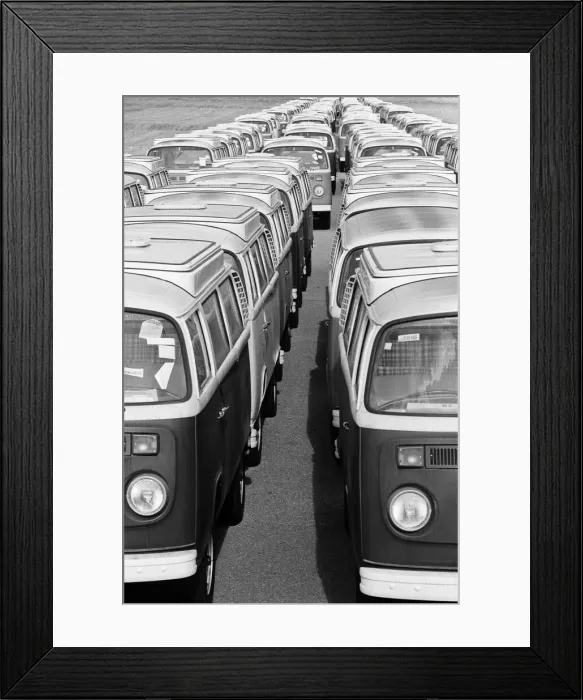 Framed Print : Volkswagen vans and cars at Manston, Kent, awaiting distribution to dealers in Britain Framed Print : Volkswagen vans and cars at Manston, Kent, awaiting distribution to dealers in Britain