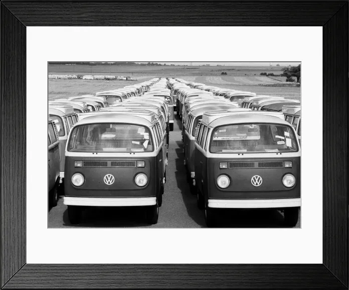 Framed Print : Volkswagen vans and cars at Manston, Kent, awaiting distribution to dealers in Britain Framed Print : Volkswagen vans and cars at Manston, Kent, awaiting distribution to dealers in Britain