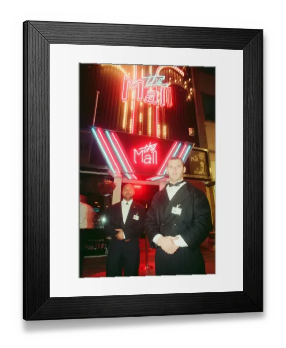 Framed Print : Paul Massey (right) and Ali Johnson, door staff at The Mall nightclub, High street Framed Print : Paul Massey (right) and Ali Johnson, door staff at The Mall nightclub, High street