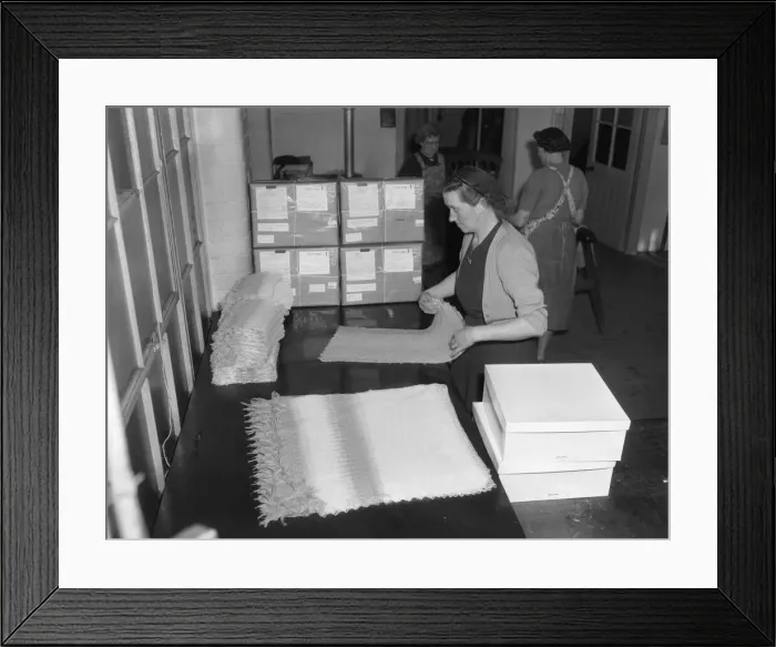 Framed Print : Infant shawls are packed and dispatched at The Shawl Factory of GH Hurt Framed Print : Infant shawls are packed and dispatched at The Shawl Factory of GH Hurt