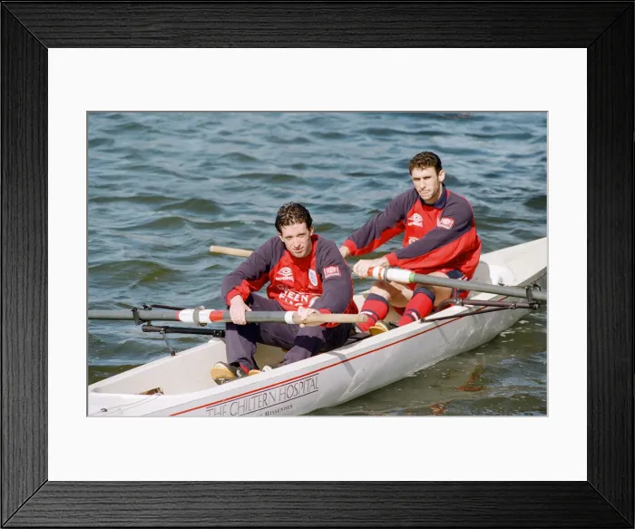 Framed Print : Robbie Fowler with Martin keown in a canoe on International duty with England Framed Print : Robbie Fowler with Martin keown in a canoe on International duty with England