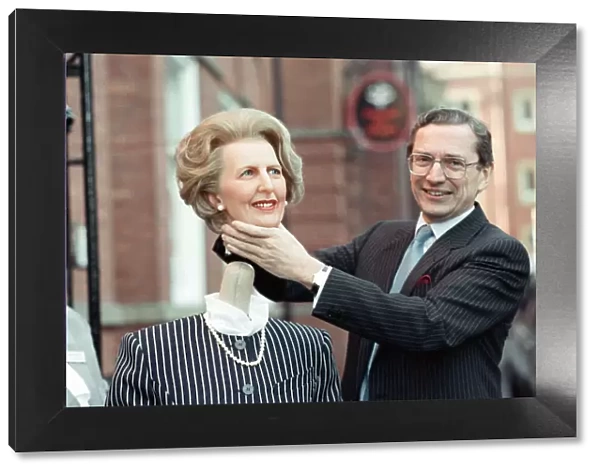 Norman Fowler, Secretary of State for Employment, with a waxwork of Mrs Thatcher in