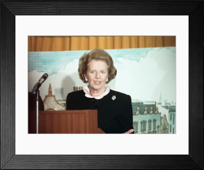 Framed Print : Prime Minister Margaret Thatcher delivers a speech shortly after hearing about Framed Print : Prime Minister Margaret Thatcher delivers a speech shortly after hearing about
