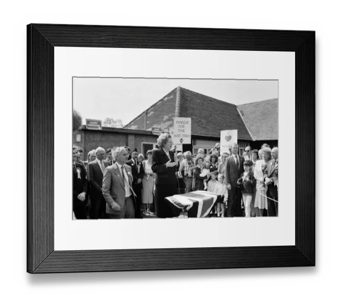 Framed Print : Prime Minister Margaret Thatcher campaigning in Ealing with Harry Greenway. 30th May 1987