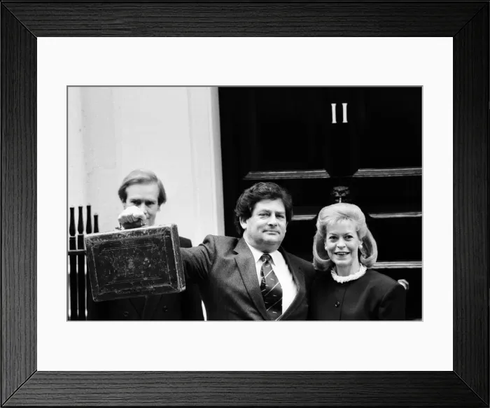 Framed Print : Budget Day at No 11 Downing Street. The Chancellor of the Exchequer, Nigel Lawson Framed Print : Budget Day at No 11 Downing Street. The Chancellor of the Exchequer, Nigel Lawson