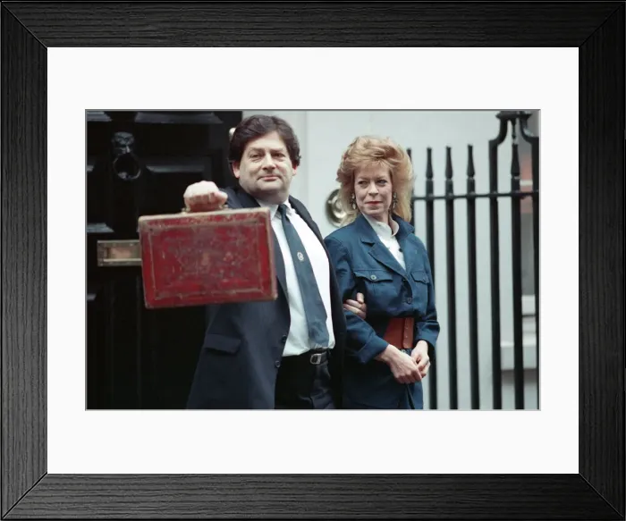 Framed Print : Budget Day at No 11 Downing Street. The Chancellor of the Exchequer, Nigel Lawson Framed Print : Budget Day at No 11 Downing Street. The Chancellor of the Exchequer, Nigel Lawson