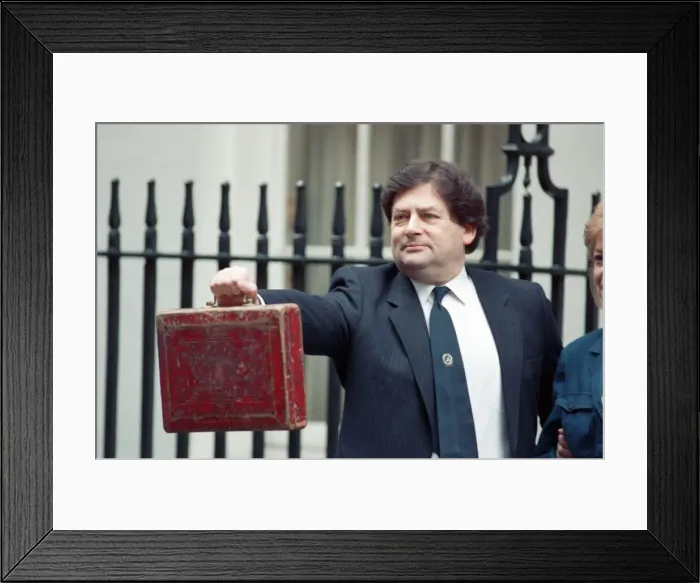 Framed Print : Budget Day at No 11 Downing Street. The Chancellor of the Exchequer, Nigel Lawson Framed Print : Budget Day at No 11 Downing Street. The Chancellor of the Exchequer, Nigel Lawson