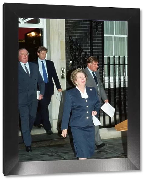 Prime Minister Margaret Thatcher holds a press conference outside 10 Downing Street