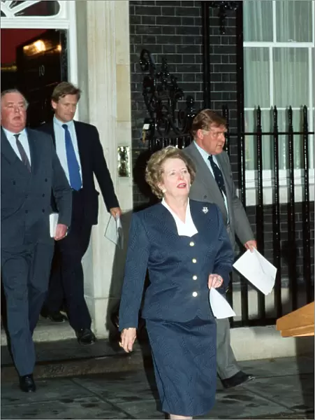 Prime Minister Margaret Thatcher holds a press conference outside 10 Downing Street