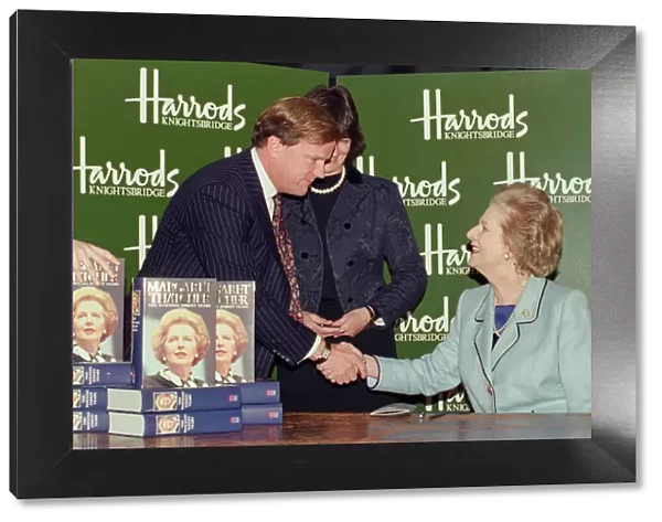 Margaret Thatcher in Harrods signing copies of her memoir '