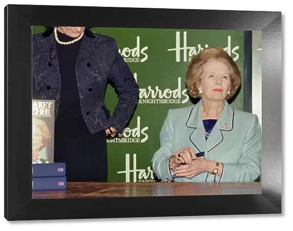 Margaret Thatcher in Harrods signing copies of her memoir '