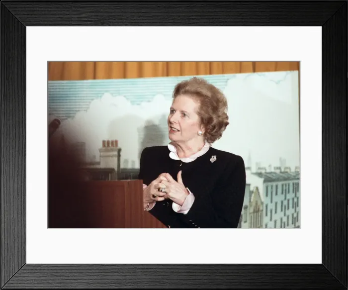 Framed Print : Prime Minister Margaret Thatcher delivers a speech shortly after hearing about Framed Print : Prime Minister Margaret Thatcher delivers a speech shortly after hearing about