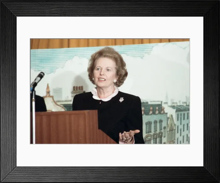 Framed Print : Prime Minister Margaret Thatcher delivers a speech shortly after hearing about Framed Print : Prime Minister Margaret Thatcher delivers a speech shortly after hearing about