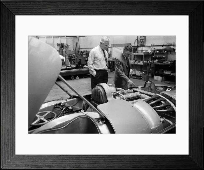 Framed Print : Men, including Syd Enever and Tommy Wisdom looking at the MG EX181 which is being worked