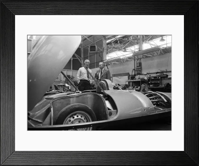 Framed Print : Men, including Syd Enever and Tommy Wisdom looking at the MG EX181 which is being worked Framed Print : Men, including Syd Enever and Tommy Wisdom looking at the MG EX181 which is being worked