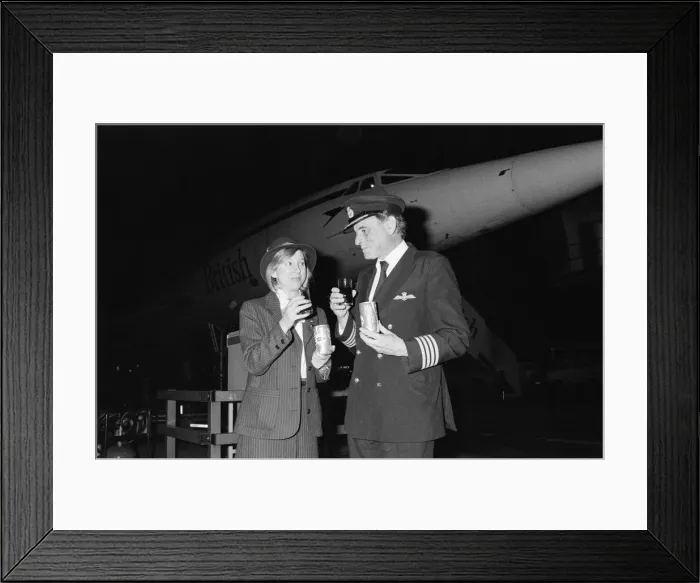 Framed Print : British Airways Concorde stewardess Carol Bryant and Concorde captain John Cookdrink Framed Print : British Airways Concorde stewardess Carol Bryant and Concorde captain John Cookdrink