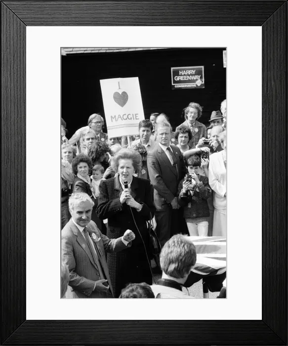 Framed Print : Prime Minister Margaret Thatcher campaigning in Ealing with Harry Greenway. 30th May 1987