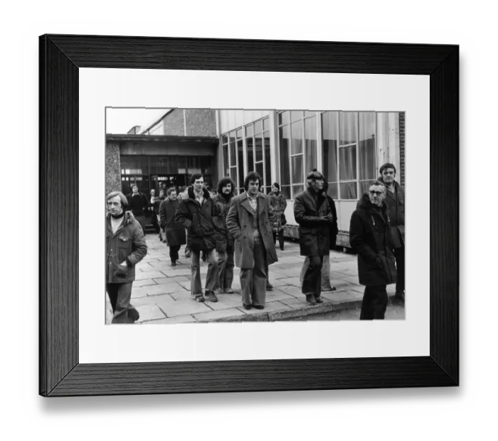 Framed Print : Kirkby Manufacturing and Engineering workers cooperative, members leaving meeting Framed Print : Kirkby Manufacturing and Engineering workers cooperative, members leaving meeting