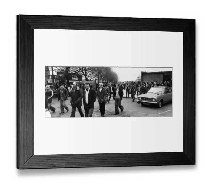 Framed Print : Kirkby Manufacturing and Engineering workers cooperative, members leaving meeting