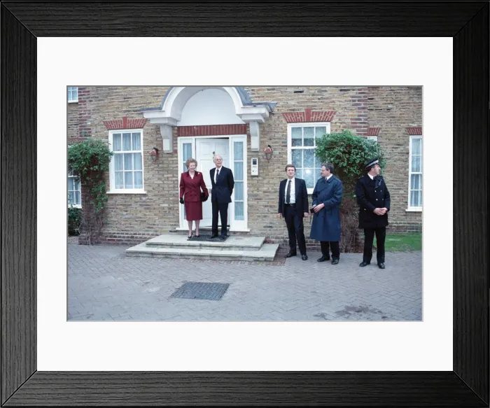 Framed Print : Margaret and Denis Thatcher at their new home in Dulwich. 28th November 1990 Framed Print : Margaret and Denis Thatcher at their new home in Dulwich. 28th November 1990